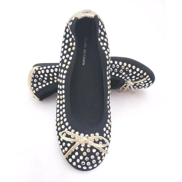 STUART WEITZMAN Women’s Silver NUBEADS STUDDED Black BALLET FLATS Size 2 Shoes - Picture 1 of 6
